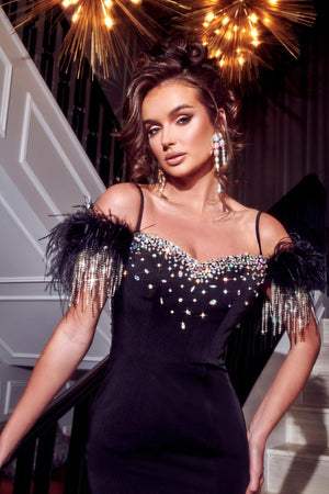 Portia & Scarlett PS23323 Blue Fringe & Feather Off Shoulder Dress Portia & Scarlett 
