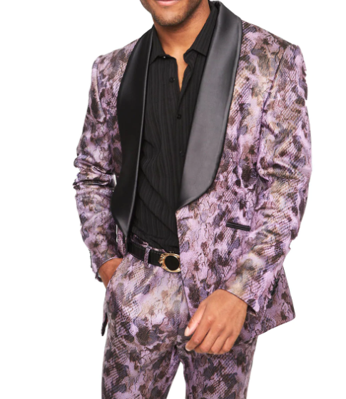 Purple & Black Snake Skin Print Tuxedo with Black Shawl Lapel