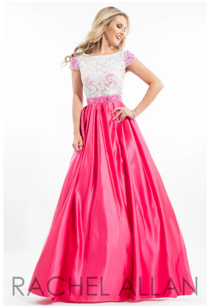 Rachel Allan 2059 White Lace Bodice Fuchsia Skirt Ballgown