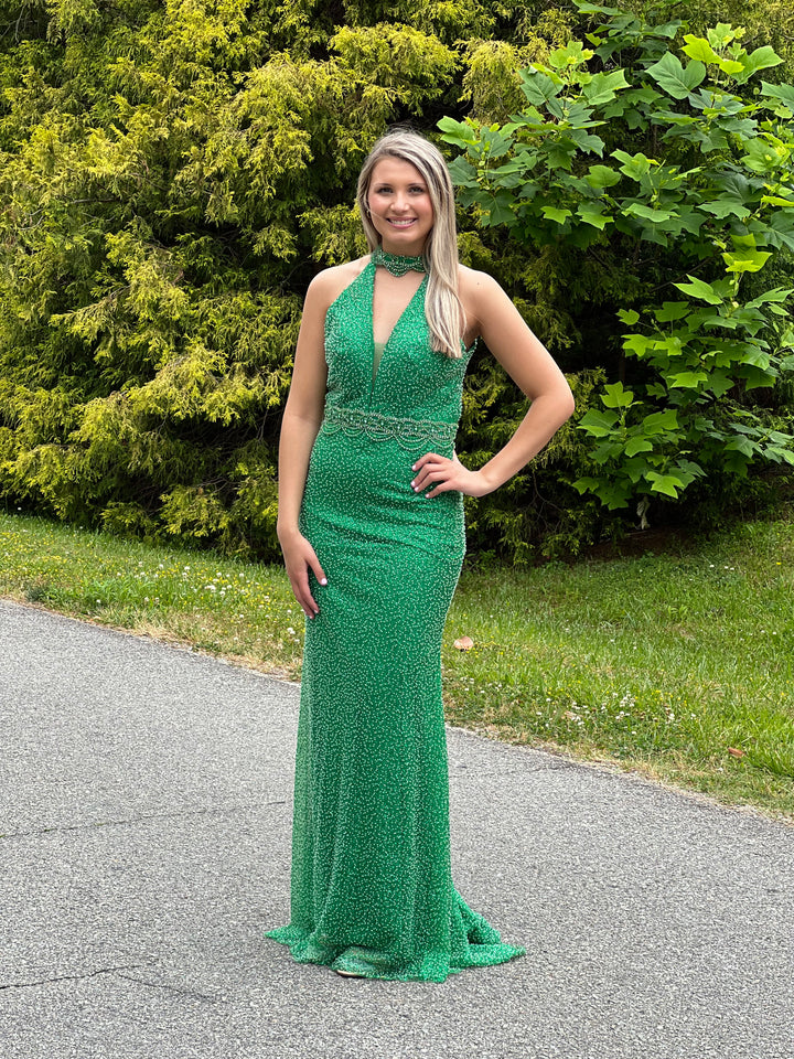 RA 6480 Emerald High-Neck Beaded Jersey Fit-n-Flare