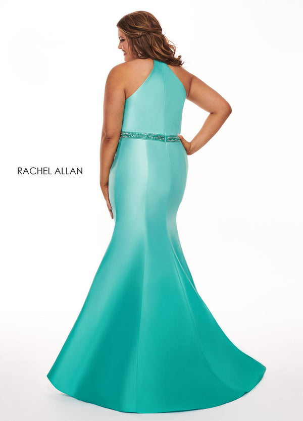 Rachel Allan 6669 Mint Jade Ombre V-Neck Satin Mermaid Dress