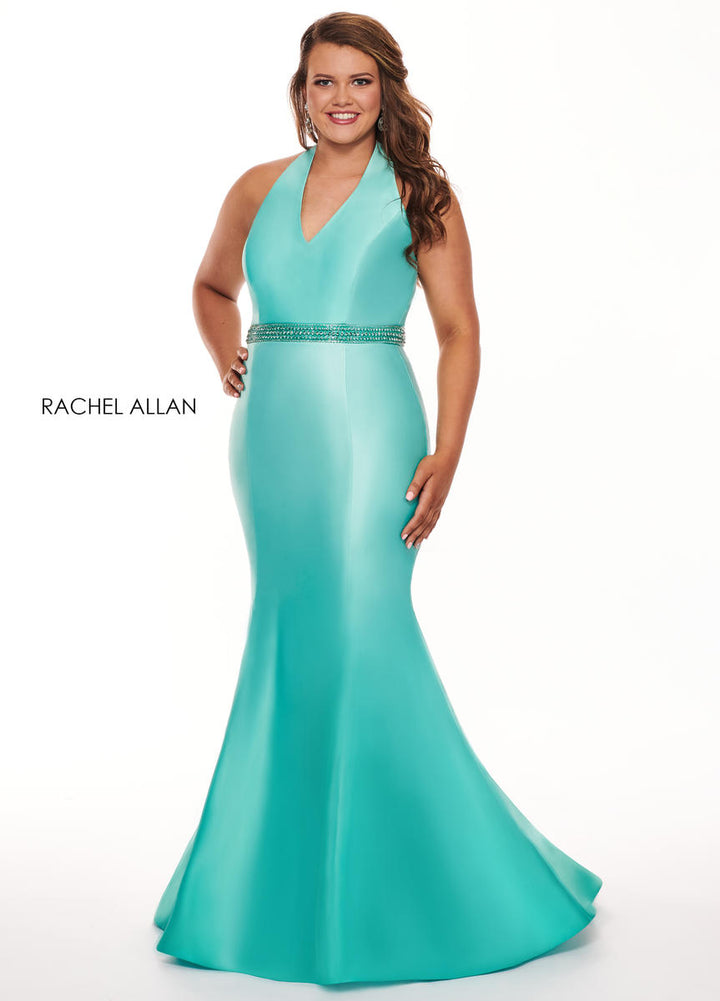 Rachel Allan 6669 Mint Jade Ombre V-Neck Satin Mermaid Dress