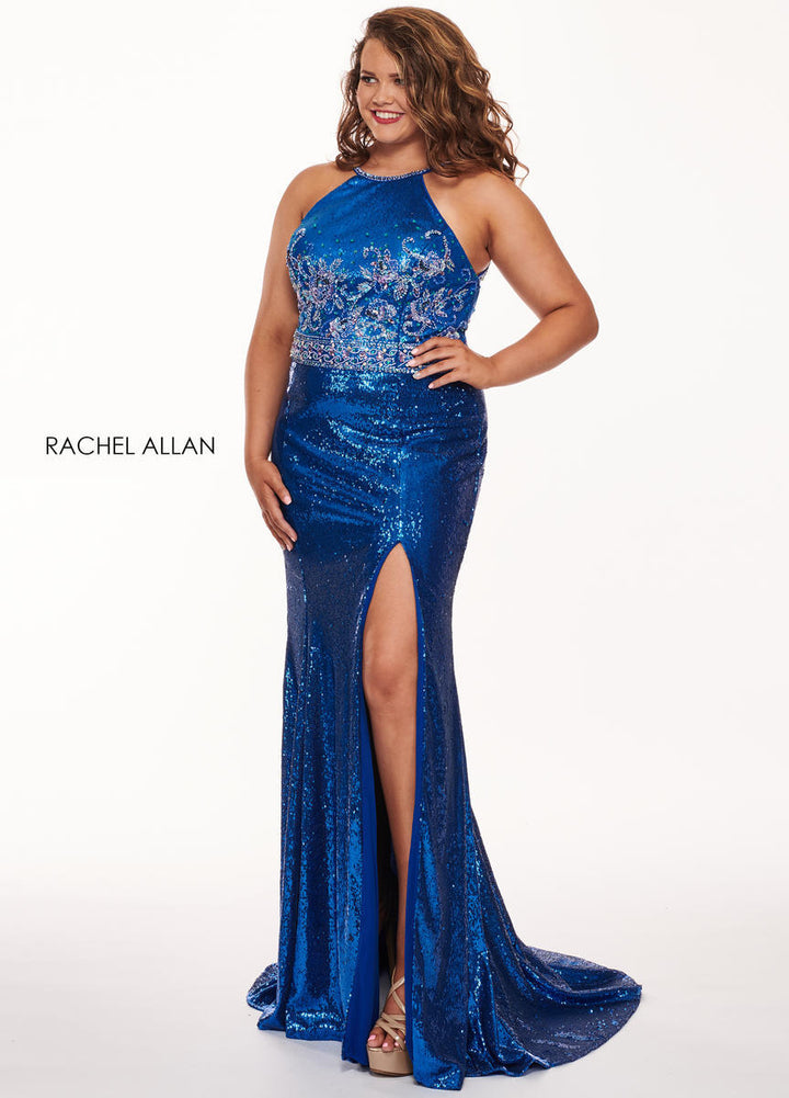 Rachel Allan 6699 Royal Sequin High Neck Fitted Dress with Slit