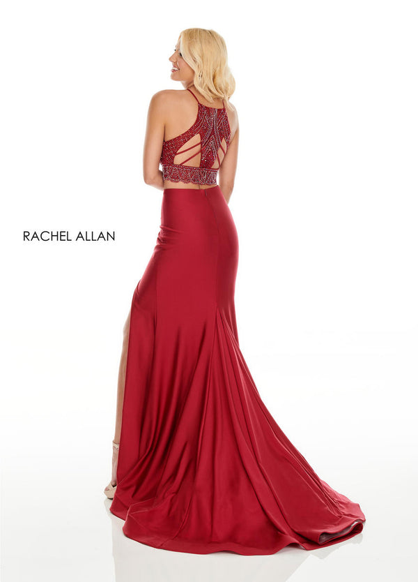 Rachel Allan 7125 Marsala 2 Piece Beaded Bodice Jersey Dress with Slit - Size 6