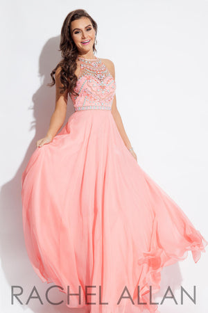 Rachel Allan 7239 Coral Beaded Halter Chiffon Dress Rachel Allan 