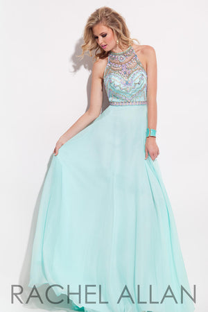 Rachel Allan 7239 Mint Beaded Halter Chiffon Dress Rachel Allan 