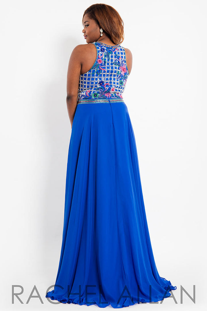 Rachel Allan 7814 Royal Blue Chiffon Dress with Beaded Bodice
