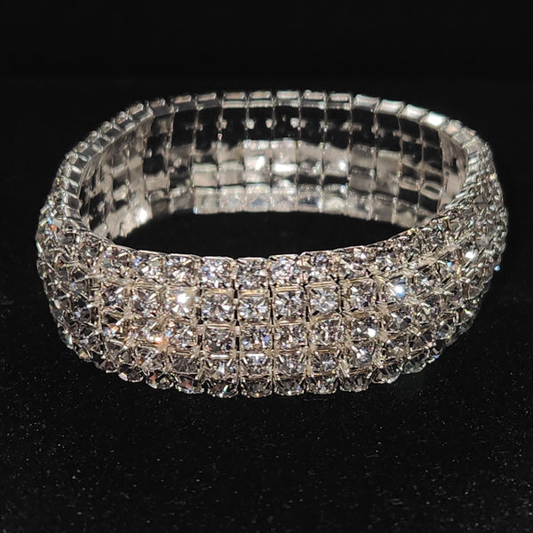 Domed 5 Row Crystal Rhinestone Silver Stretch Bracelet