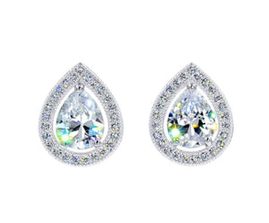 Cubic Zirconia Brilliance Halo Set Teardrop Silver Stud Earring Rhinestone Jewelry 