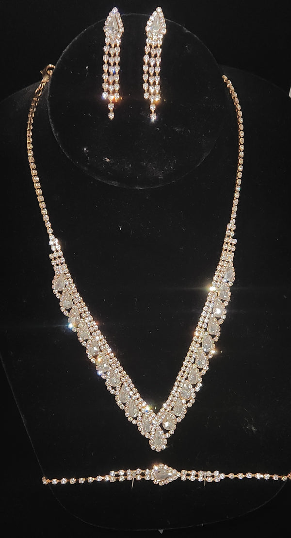 Crystal Gold Teardrop Rhinestone Necklace, Earring and Bracelet Set