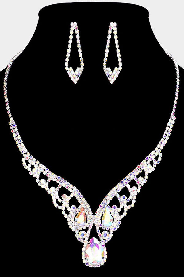 Teardrop Stone Accented Rhinestone Paved V Shape Necklace and Earring Set