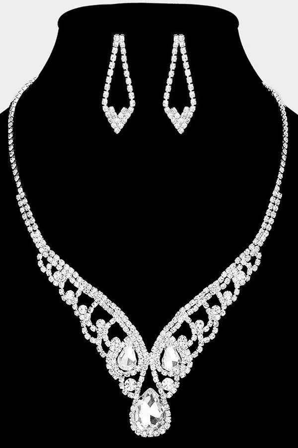 Teardrop Stone Accented Rhinestone Paved V Shape Necklace and Earring Set