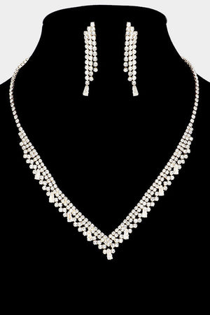 Cubic Zirconia Pave V Shape Gold Necklace and Earring Set Fashion Jewelry 