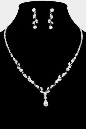 Pearl Bezel Cubic Zirconia Marquise Vine Silver Necklace and Earring Set Christina Collection Fashion Jewelry 