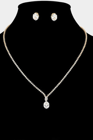 Solitaire Cubic Zirconia Pendant Gold Necklace and Stud Earring Set Not specified 