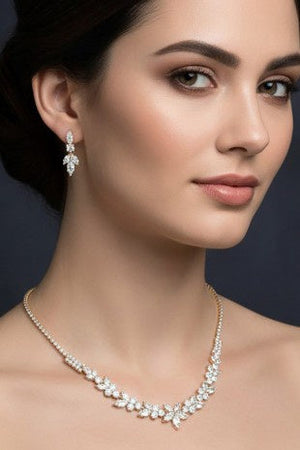 Cubic Zirconia Floral Leaf Rhinestone Pave Silver Necklace and Earring Set Not specified 
