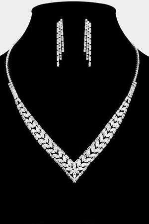 Marquise Cubic Zirconia Stone Embellished Rhinestone V Shaped Silver Necklace and Earring Set Not specified 