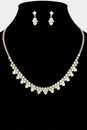 Geometric Square Round Cubic Zirconia Embellished Rhinestone Gold Necklace and Earring Set Not specified 