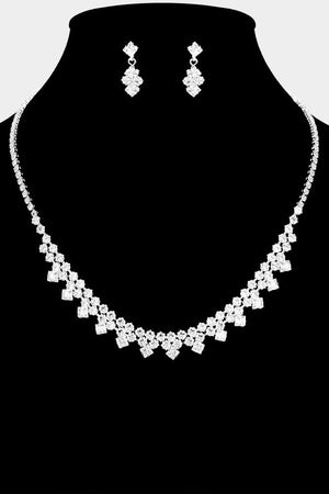 Geometric Square Round Cubic Zirconia Embellished Rhinestone Silver Necklace and Earring Set Not specified 