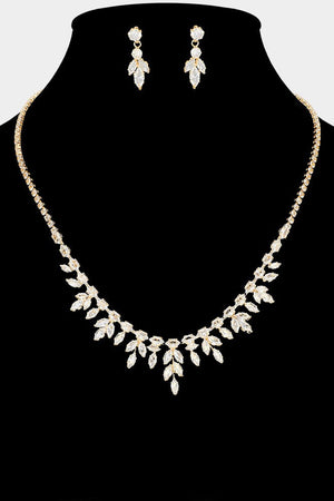 Marquise Cubic Zirconia Cluster Leaf Branch Drop Rhinestone Gold Necklace and Earring Set Not specified 