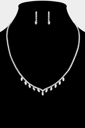 Cubic Zirconia Marquise Station Rhinestone Paved Silver Necklace and Earring Set Not specified 