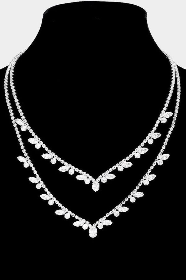 Cubic Zirconia Marquise Pointed SILVER Rhinestone Paved Double Layered Necklace