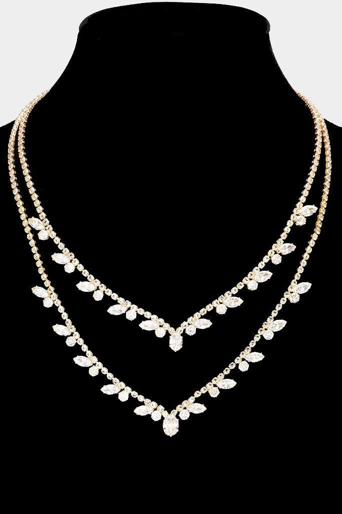 Cubic Zirconia Marquise Pointed GOLD Rhinestone Paved Double Layered Necklace Wona Trading Co 