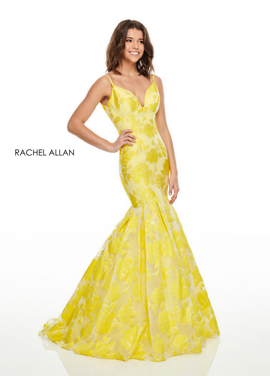 Rachel Allan 7087 Yellow Floral Jacquard Mermaid Dress Yellow / 10 Rachel Allan 7087 Yellow Floral Jacquard Mermaid Dress Yellow / 10