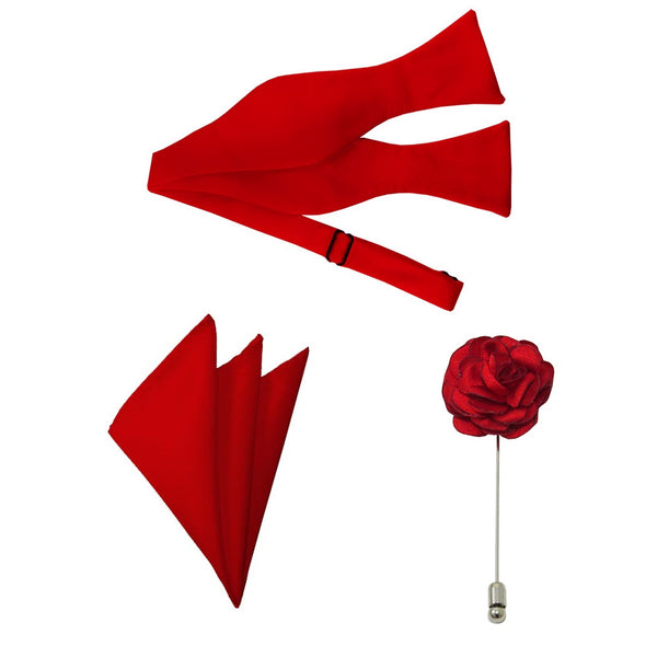 Red Bow Tie, Pocket Square & Lapel Pin Set