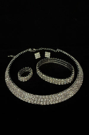 Crystal Rhinestone Silver 4pc Set with Necklace, Earrings, Bracelet and Ring Cristal D'Or 