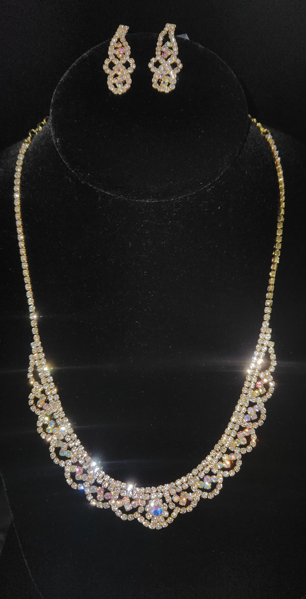 Floral AB Rhinestone Gold Necklace and Earring Set