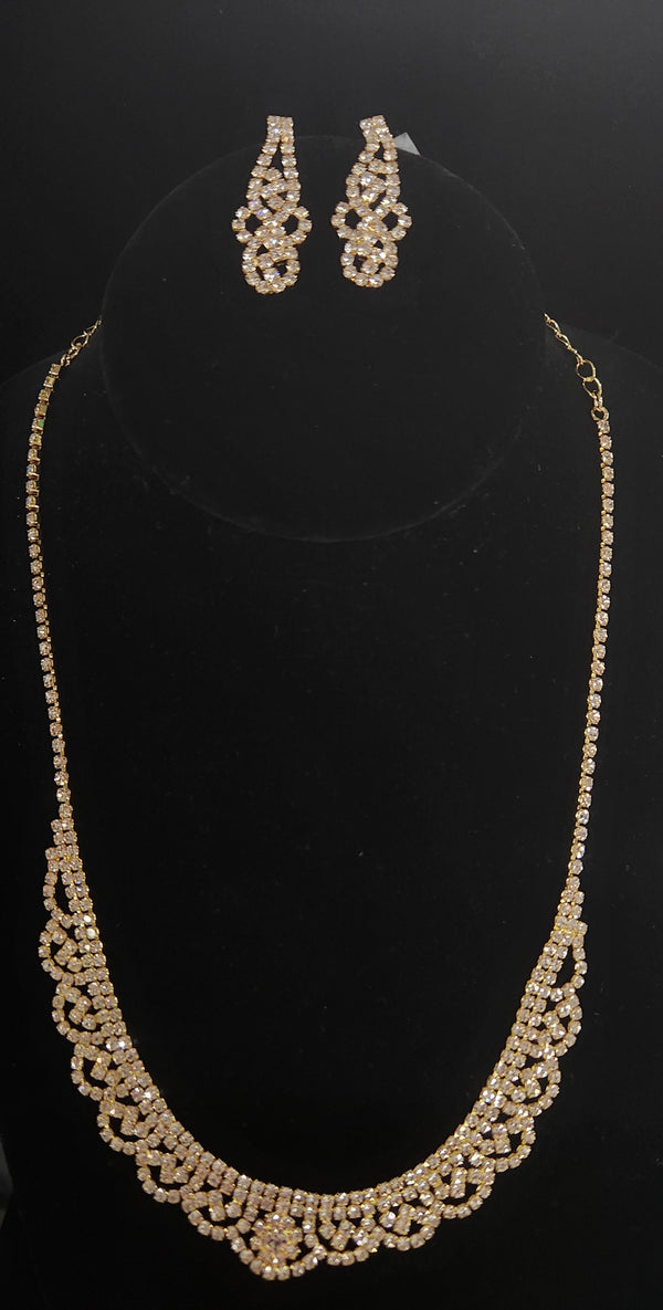 Floral Crystal Rhinestone Gold Necklace and Earring Set