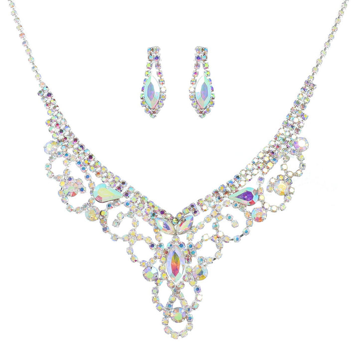 Crystal Rhinestone Swirl V-Shape Silver Necklace and Earring Set