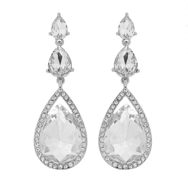 Triple Teardrop Crystal Silver Drop Earrings