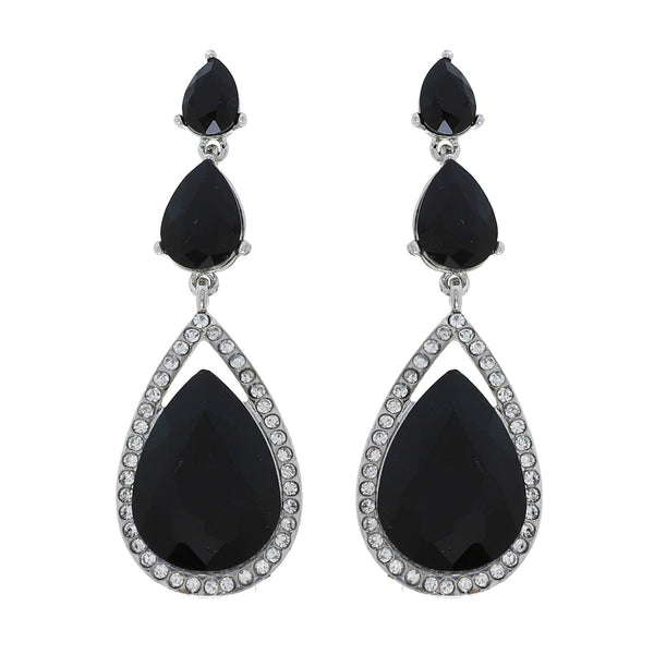 Triple Teardrop Jet Black Silver Drop Earrings