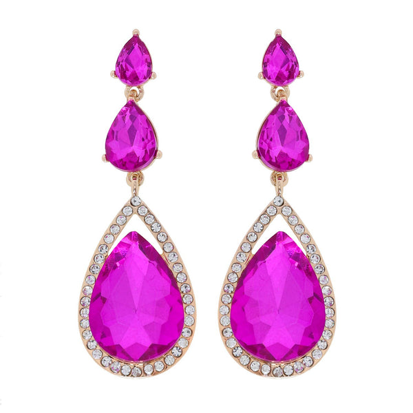 Triple Teardrop Magenta Gold Drop Earrings