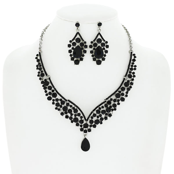 Crystal Cluster Teardrop Pendant Bib Necklace and Earring Set
