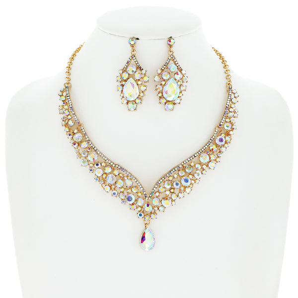 Crystal Cluster Teardrop Pendant Bib Necklace and Earring Set