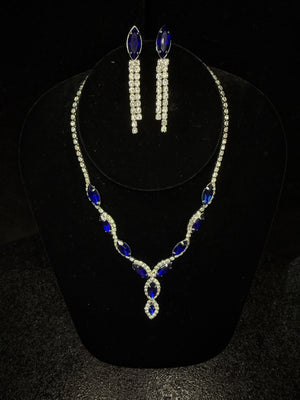 Sapphire Blue Marquise and Silver Rhinestone Necklace and Earring Set Cristal D'Or 