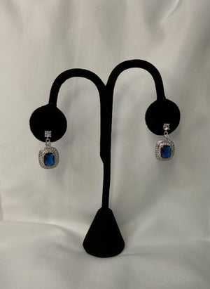 Sapphire Blue Rectangle Drop Silver Rhinestone Earrings Cristal D'Or 