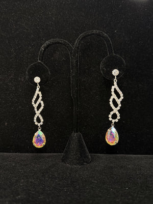 Silver AB Dangle Teardrop Swirl Earring Cristal D'Or 