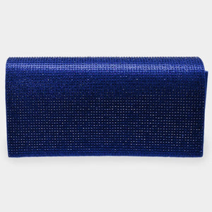 A royal blue, sparkling evening clutch with a magnetic closure and a detachable chain strap.