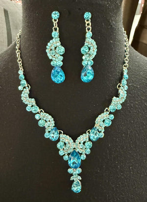 Aqua Blue Teardrop Swirl Rhinestone Necklace and Earring Set Fashion Jewelry 