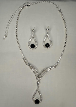 Teardrop V-Neckline Navy Blue Earring and Necklace Set Cristal D'Or 