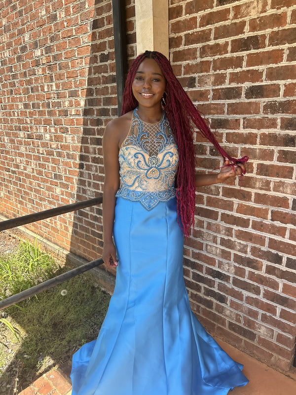 Vienna Prom 8254 Blue Illusion Halter Mermaid Dress Vienna Prom 