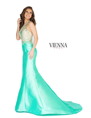 Vienna Prom 8254 Mint Illusion Halter Mermaid Dress Vienna Prom 