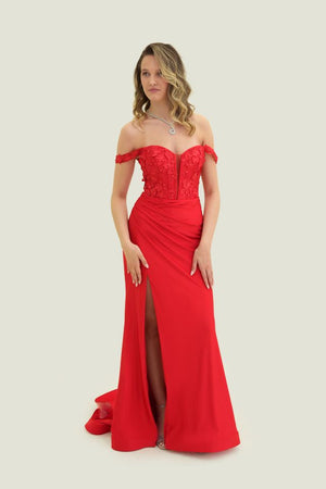 VOGUE Prom 7834 Red Off Shoulder Fitted Dress with Slit Vogue Prom 