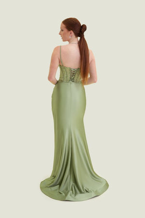VOGUE Prom 7846 Sage Green Corset Illusion Fitted Dress with Slit Vogue Prom 