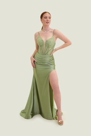 VOGUE Prom 7846 Sage Green Corset Illusion Fitted Dress with Slit Vogue Prom 