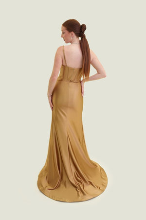 VOGUE Prom 7870 Corset Style Satin Sheath Dress with Slit Vogue Prom 
